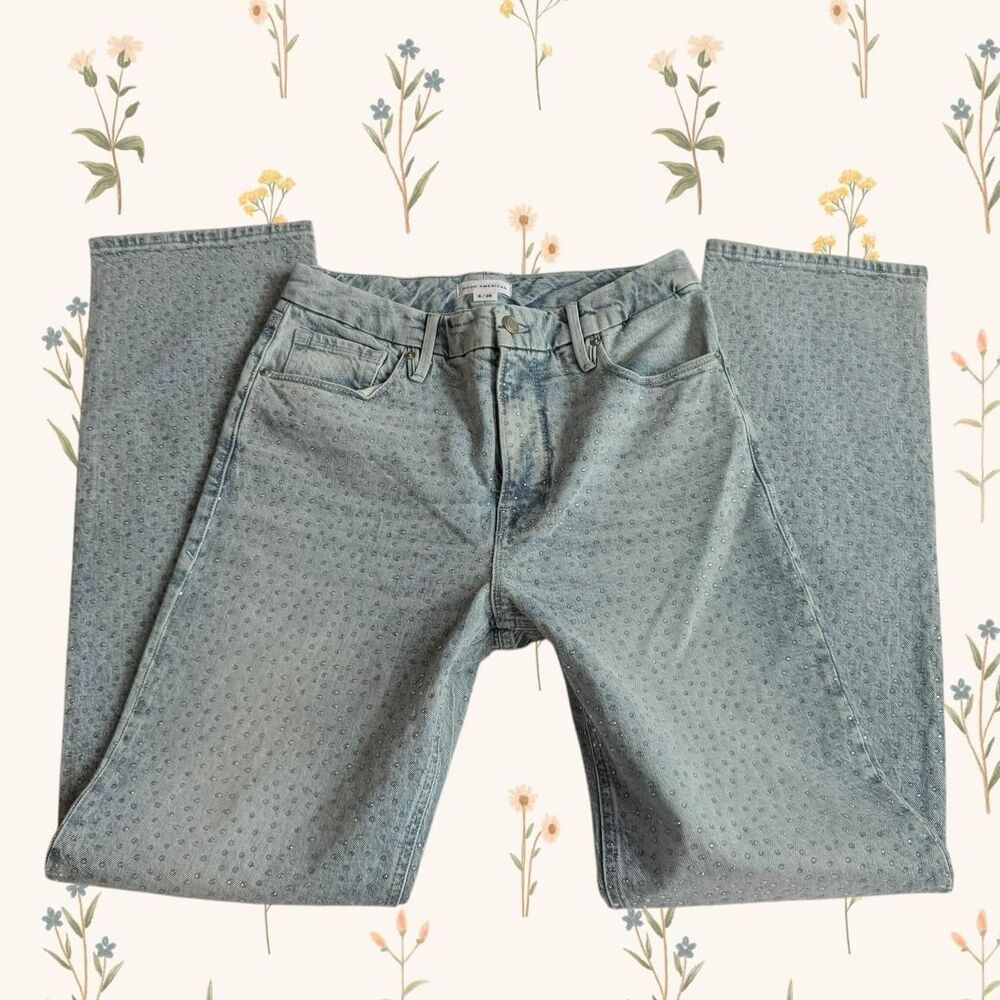 Good American Icon Light Wash All-Over Rhinestone Embellished Denim Jeans Size 6